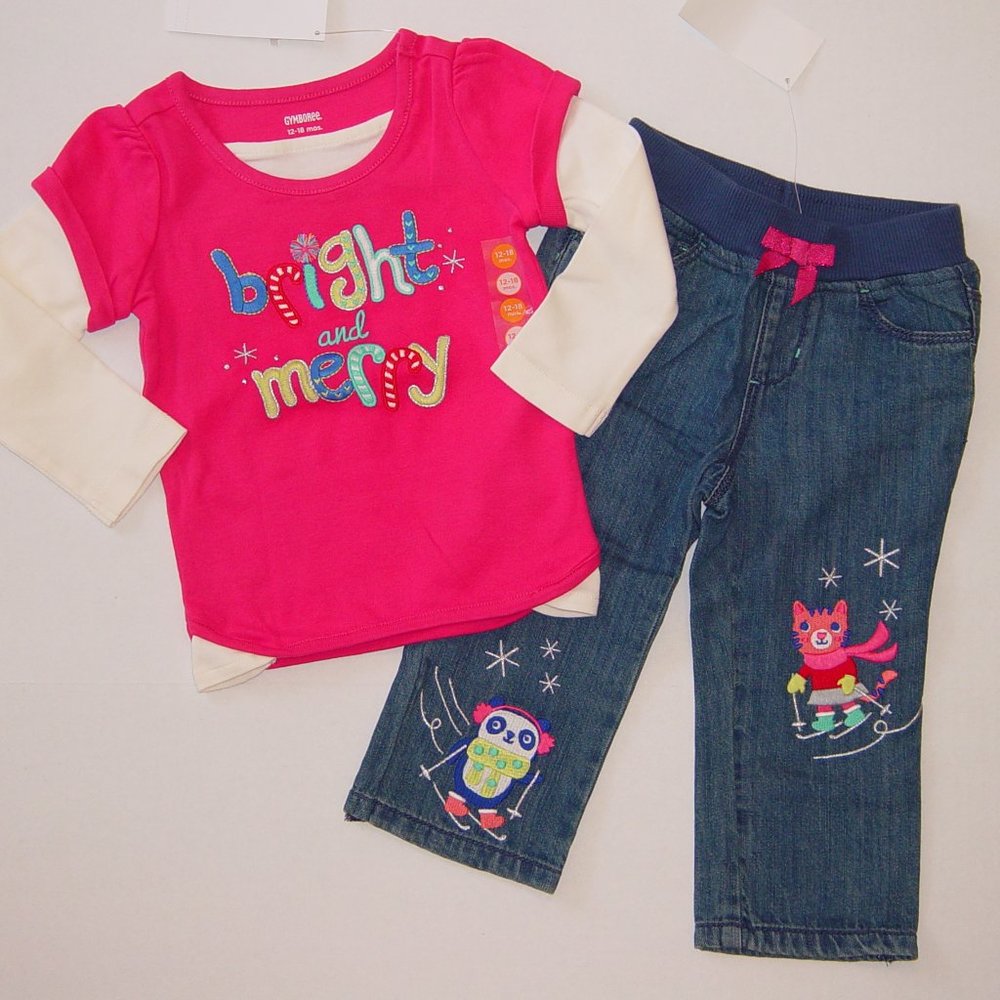 NWT Gymboree 12-18M top jeans set Color Happy pink bright & merry outfit